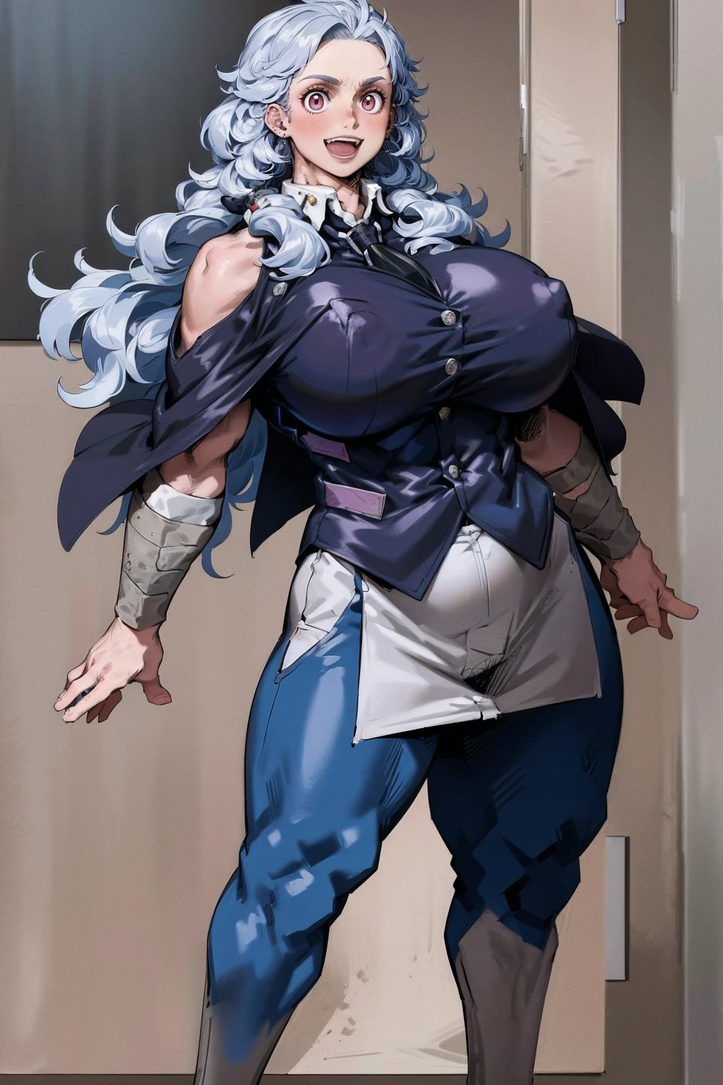 noi, nun, big breast,white boots, pants,cloak, musclegirl, standing,, smile, long hair, catedral, vest, portrait, full body,huge breast, muscle girl
