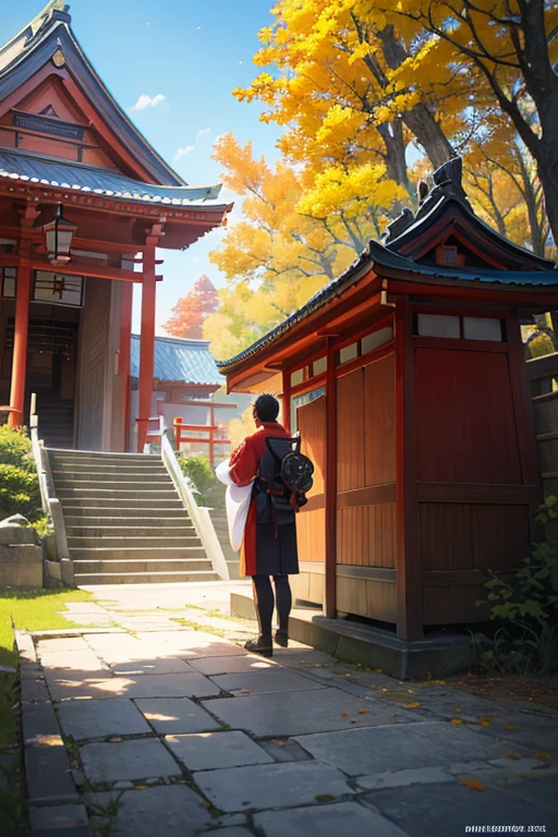 (a man standing in front of a red building in an anime scene, Inari Shrine, shrine, Japanese shrine, Japanese temple, anime scene, Japanese temple, temple background, a temple, Kuro-danbo screenshot, Kyoto Animation style, in front of a temple, beautiful anime scene, anime background art, colorful anime movie background, near a Japanese shrine)
(best quality,4k,8k,highres,masterpiece:1.2),ultra-detailed,realistic:1.37,HDR,UHD,studio lighting,sharp focus,physically-based rendering,extreme detail description,professional,vivid colors,bokeh,portraits,anime,horror,landscape,concept artists,photography
(golden color tone,warm color palette),natural lighting,soft shadows,illuminated environment,warm sunlight)