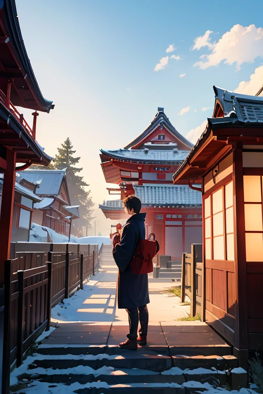 (a man standing in front of a red building in an anime scene, Inari Shrine, shrine, Japanese shrine, Japanese temple, anime scene, Japanese temple, temple background, a temple, Kuro-danbo screenshot, Kyoto Animation style, in front of a temple, beautiful anime scene, anime background art, colorful anime movie background, near a Japanese shrine)
(best quality,4k,8k,highres,masterpiece:1.2),ultra-detailed,realistic:1.37,HDR,UHD,studio lighting,sharp focus,physically-based rendering,extreme detail description,professional,vivid colors,bokeh,portraits,anime,horror,landscape,concept artists,photography
(golden color tone,warm color palette),natural lighting,soft shadows,illuminated environment,warm sunlight)