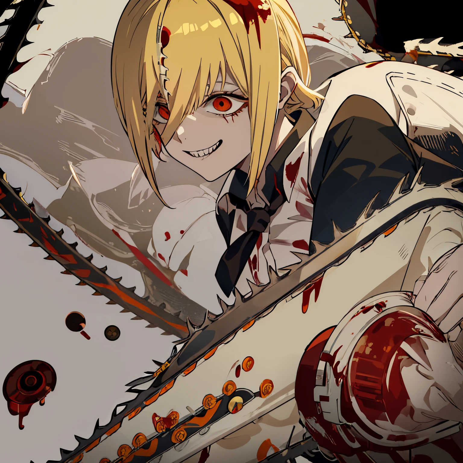 1girl,bob,yellow hair,white button-up shirt,black pants,(((((having a chainsaw))))),red eyes,grin,tongue out,tie,(((((blood))))),guro,devil hunter,high quality,sharp teeth,