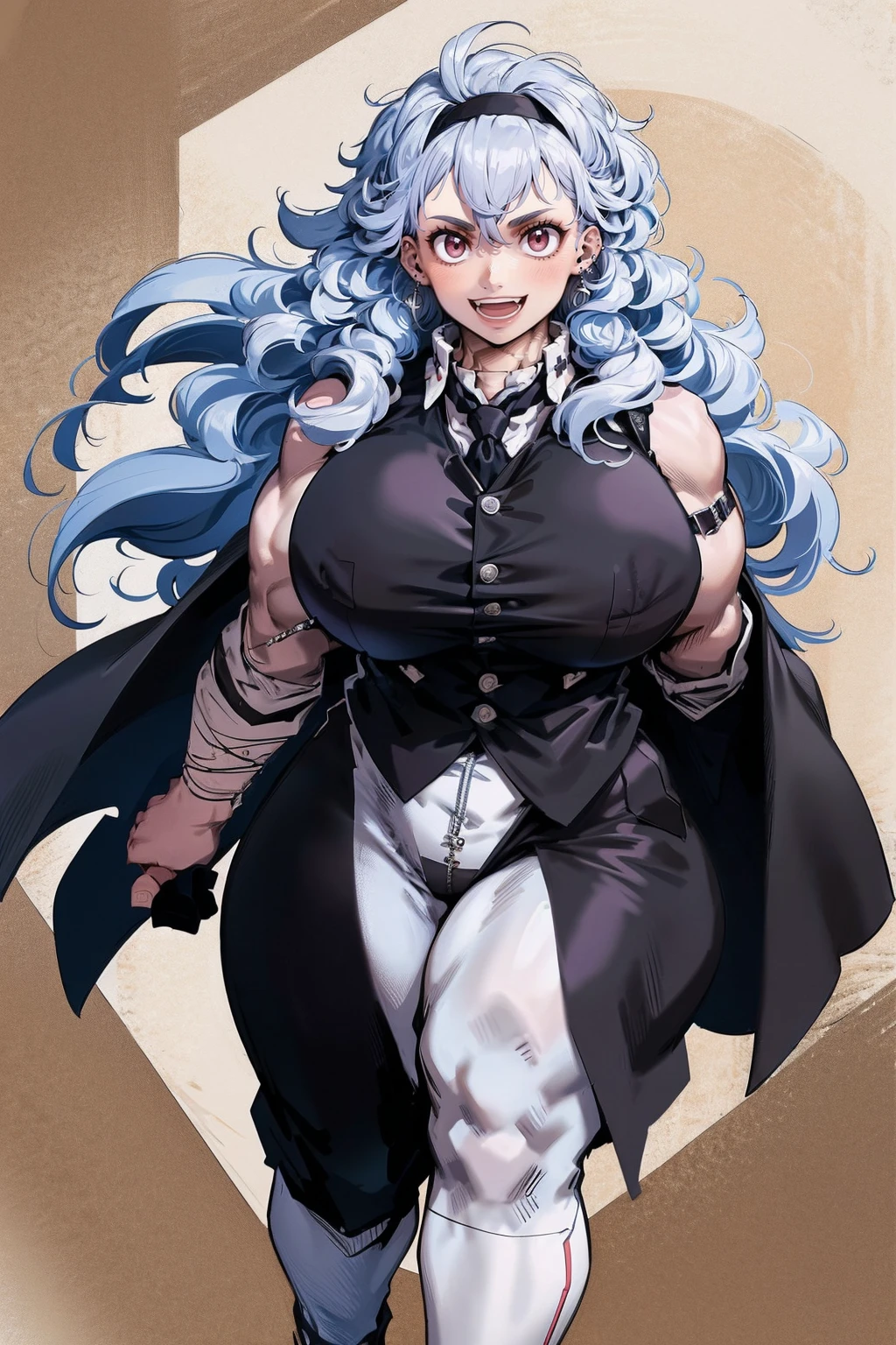 noi, nun, big breast,white boots, pants,cloak, musclegirl, standing,, smile, long hair, catedral, vest, portrait, full body, thick thighs, thick arms, wide hips,