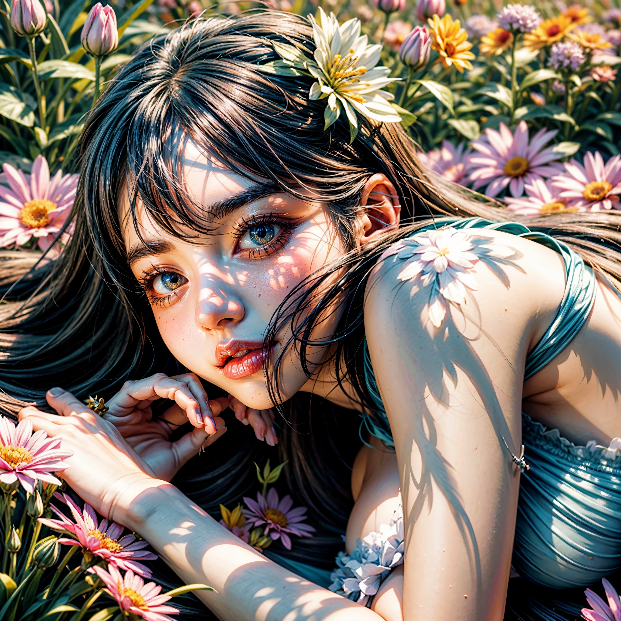 ((( KAWAII girls laying on flowers, flower background, concept art))), ((SFW)), (Exposed:1.2), (nipple:-0.9), (Acutance:0.8), (Extremely Detailed KAWAII Face variations), ( 8K finest-quality, ultra-detailed), ( realistic, (Hyper-Realism:1.37), ), an extremely delicate and beautiful, (( covered girl's body with many many flowers)), ( no extra limbs ) . full of flowers, filled with flowers, Overflowing flowers .