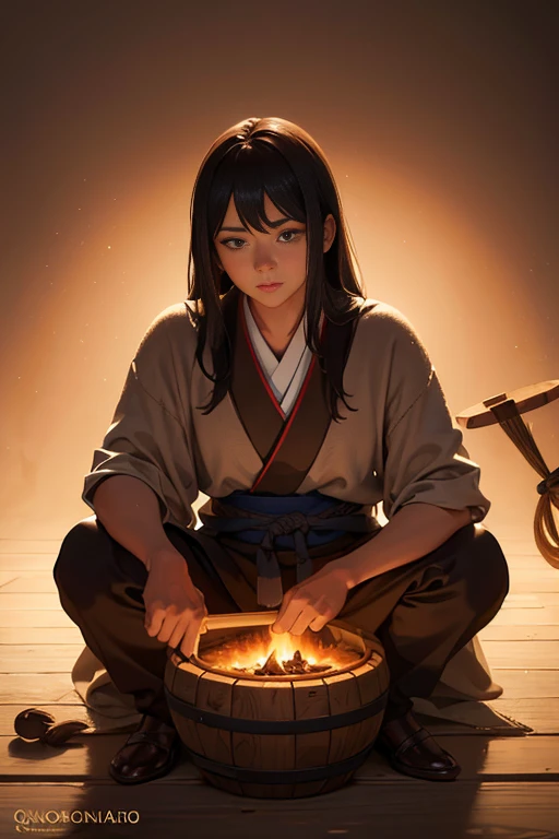 A wooden barrel with a wooden handle next to a wooden frame, stirring something made of wood. The inspiration comes from Dongyang, Selangor, and Jiangkou. Inspired by the painting "Qiwentianjiang". A wooden toilet, traditional Japanese style. Inspired by Gatōken Shunshi and Hero Domoto. Bamboo. (best quality, 4k, 8k, highres, masterpiece:1.2), ultra-detailed, (realistic, photorealistic, photo-realistic:1.37), HDR, UHD, studio lighting, ultra-fine painting, sharp focus, physically-based rendering, extreme detail description, professional, vivid colors, bokeh. Portraits, landscape, horror, anime, sci-fi, photography, concept artists. Warm color tones. Soft lighting effects.