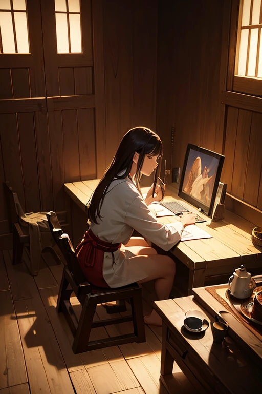 A wooden barrel with a wooden handle next to a wooden frame, stirring something made of wood. The inspiration comes from Dongyang, Selangor, and Jiangkou. Inspired by the painting "Qiwentianjiang". A wooden toilet, traditional Japanese style. Inspired by Gatōken Shunshi and Hero Domoto. Bamboo. (best quality, 4k, 8k, highres, masterpiece:1.2), ultra-detailed, (realistic, photorealistic, photo-realistic:1.37), HDR, UHD, studio lighting, ultra-fine painting, sharp focus, physically-based rendering, extreme detail description, professional, vivid colors, bokeh. Portraits, landscape, horror, anime, sci-fi, photography, concept artists. Warm color tones. Soft lighting effects.