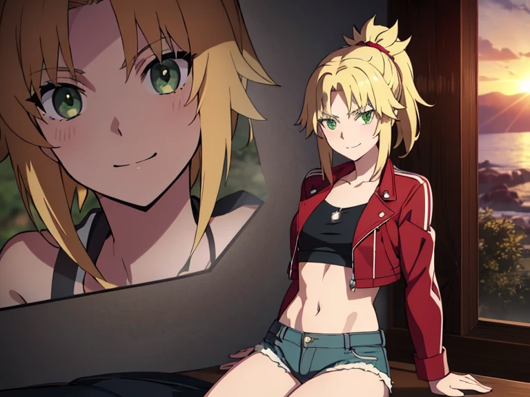 incomparable masterpiece, ultra 8k CG, perfect art, modred, (green eyes:1.5), blonde hair, ponytail, short hair, scrunchie, red scrunchie, hair scrunchie, denim, denim shorts, jacket, midriff, navel, red jacket, short shorts, shorts, tube top, black line white top, high res, ultrasharp, 8K, ultra high resolution, beautiful detailed eyes, hyper-extreme details, best quality, perfect illustration, an extremely delicate and beautiful, extremely detailed, CG, 8k wallpaper, amazing, finely detailed, official art, huge file size, ultra detailed, extremely detailed, beautiful detailed girl, extremely detailed eyes and face, smiling, sunset background, hill background