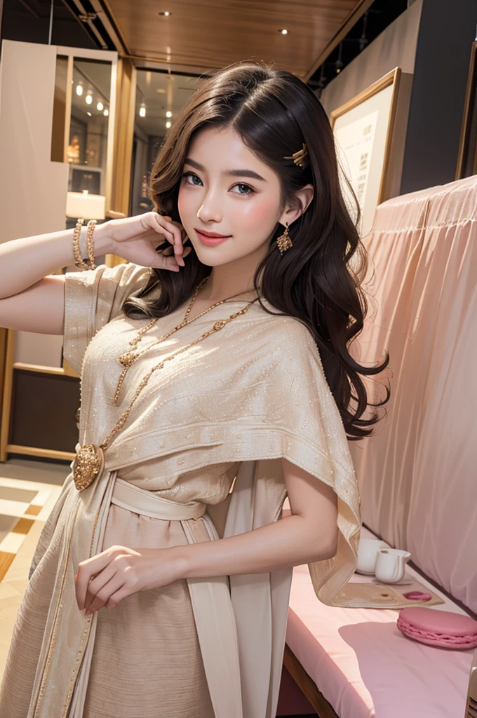 ((top-quality、master-piece、Lifelike photography:1.4、In 8K))、Pretty woman１person、21 year old、Female college student、gorgeous hair、Delicate and beautiful face、Detailed eyes and face 、(Colossal:1.3)、(Cafe:1.2)、(Knitted dresses:1.2)、smile、beautiful light、textured skin、super detail、high-detail、High Quality、high-res、（looking at the audience）、detailed mouth、opened mouth、bang、Esbian Full Body、Open the legs、sweets、pastel、Macaron