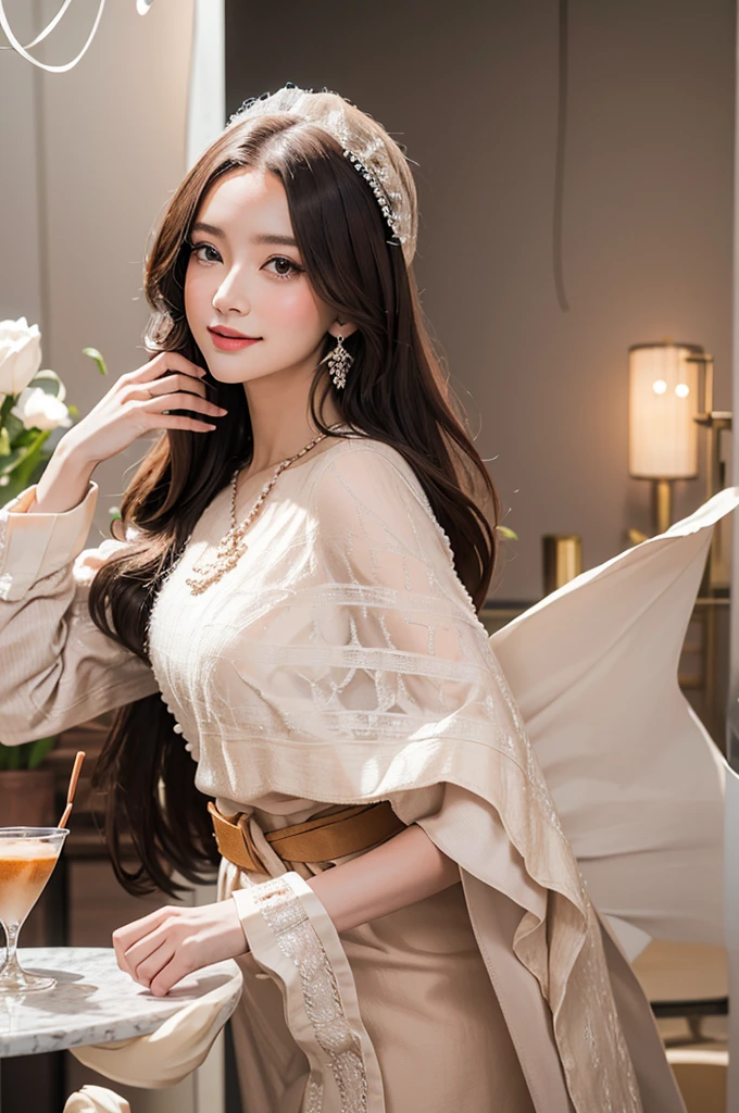 ((top-quality、master-piece、Lifelike photography:1.4、In 8K))、Pretty woman１person、21 year old、Female college student、gorgeous hair、Delicate and beautiful face、Detailed eyes and face 、(Colossal:1.3)、(Cafe:1.2)、(Knitted dresses:1.2)、smile、beautiful light、textured skin、super detail、high-detail、High Quality、high-res、（looking at the audience）、detailed mouth、opened mouth、bang、Esbian Full Body、Open the legs、sweets、pastel、Macaron