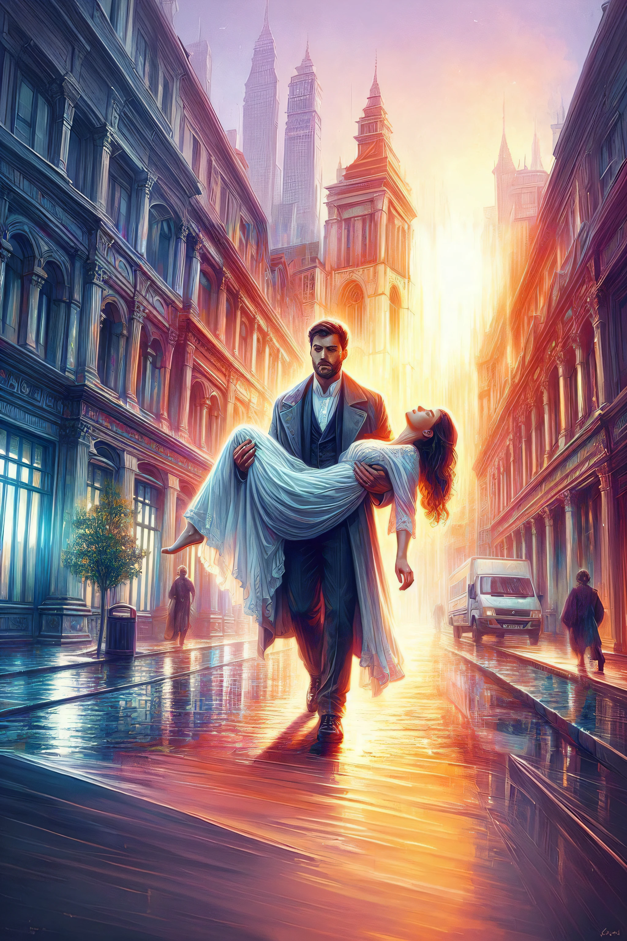 arafed image of a man carrying a woman in a city, stylized fantasy artwork, cyril rolando and m.w kaluta, cyril rolando and m. w kaluta, in style of cyril rolando, dan mumford tom bagshaw, by Cyril Rolando, novel cover art for a book, style of raymond swanland