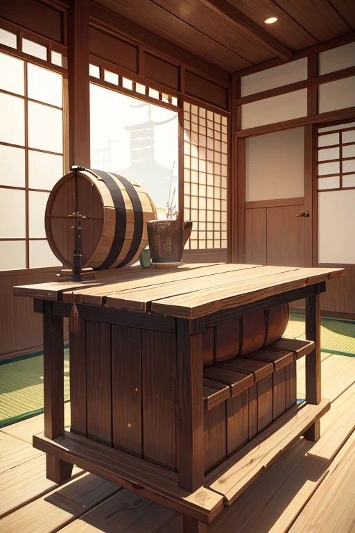 Next to the wooden stand is a wooden barrel with a wooden handle, with a wooden stuff, churning, Inspired by Dongyang, Selangor, eguchi, Inspired by::《Qiu Wentianjiang》, wooden toilets, traditional japanese, Inspired by Gatōken Shunshi, Inspired by Domoto Heroes, bamboos