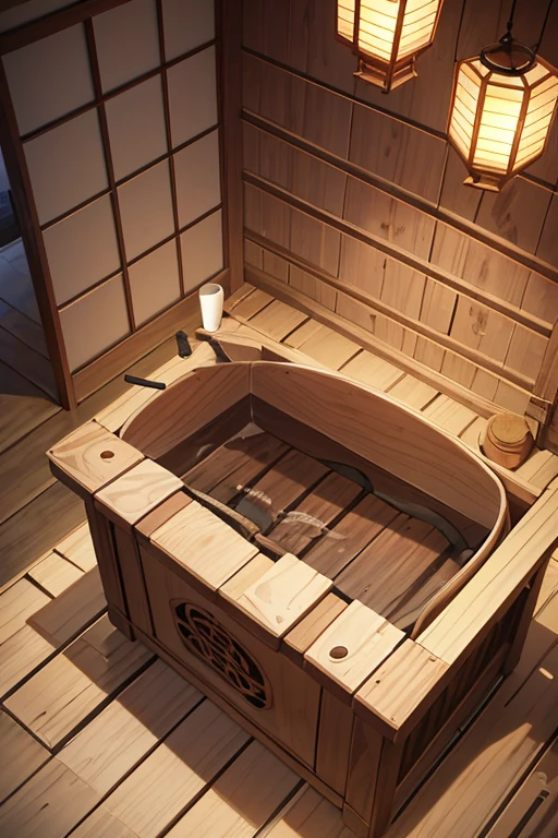 Next to the wooden stand is a wooden barrel with a wooden handle, with a wooden stuff, churning, Inspired by Dongyang, Selangor, eguchi, Inspired by::《Qiu Wentianjiang》, wooden toilets, traditional japanese, Inspired by Gatōken Shunshi, Inspired by Domoto Heroes, bamboos
