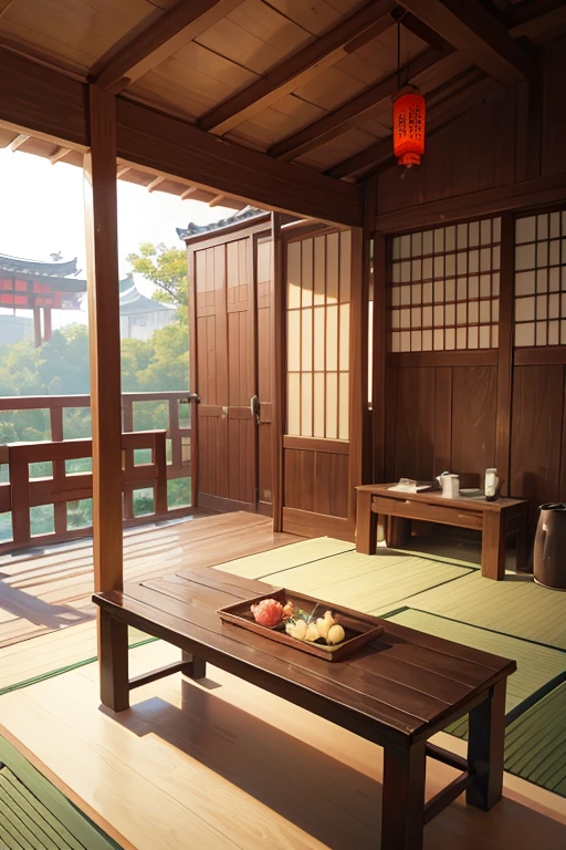 Next to the wooden stand is a wooden barrel with a wooden handle, with a wooden stuff, churning, Inspired by Dongyang, Selangor, eguchi, Inspired by::《Qiu Wentianjiang》, wooden toilets, traditional japanese, Inspired by Gatōken Shunshi, Inspired by Domoto Heroes, bamboos