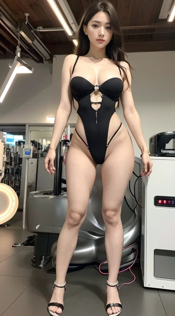 beautiful face,face is Japan, 1 android female, Colossal tits、Curvaceous,(8K、Raw photography、top-quality、masterpiece:1.2)、(nsfw realistic、Photo realistic:1.37) 、(( Mechanical arm and human palm))、((human thighs and machine legs shin))、(((Human torso)))、(naked body)、((human face))、((Machine ears))、(((Cyborg Robot Parts))))、(Light gray hair), hair wavy, (tube extending from the nipple)、((full body full shot)), (Black eyes), (full body from below),Posture correcting vertebrae attached to the back)),(Wire cables attached to the head and body),(character focus),science fiction,Perfect female figure、perfect female body shape、ultra anatomy、FULL BODY SHOT、Maximum 4 fingers and 1 thumb relationship,cyber space、metallic and colorful lights room