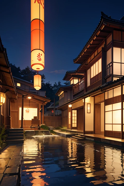 Night view of Japanese house,With clocks and signs, anime movie backgrounds, in style of kyoto animation, high-end onsen, Inspired by Shiko Munakata, kyoto animation still, Kuro anime screenshots, anime scene, Madhouse Studio anime style, Inspired by Kanebo, Anime background art