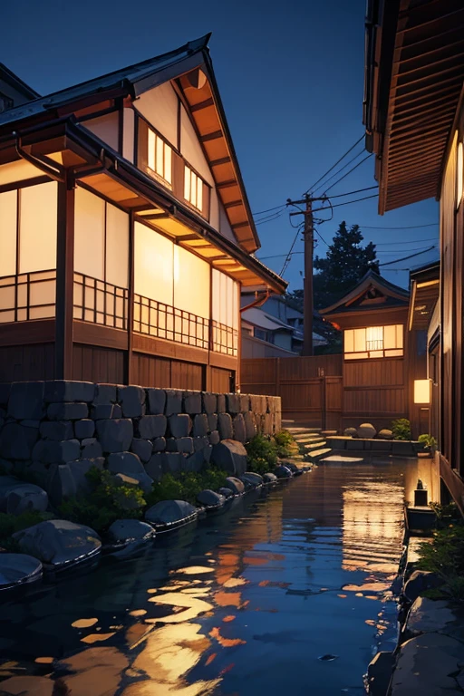 Night view of Japanese house，With clocks and signs, anime movie backgrounds, in style of kyoto animation, high-end onsen, Inspired by Shiko Munakata, kyoto animation still, Kuro anime screenshots, anime scene, Madhouse Studio anime style, Inspired by Kanebo, Anime background art