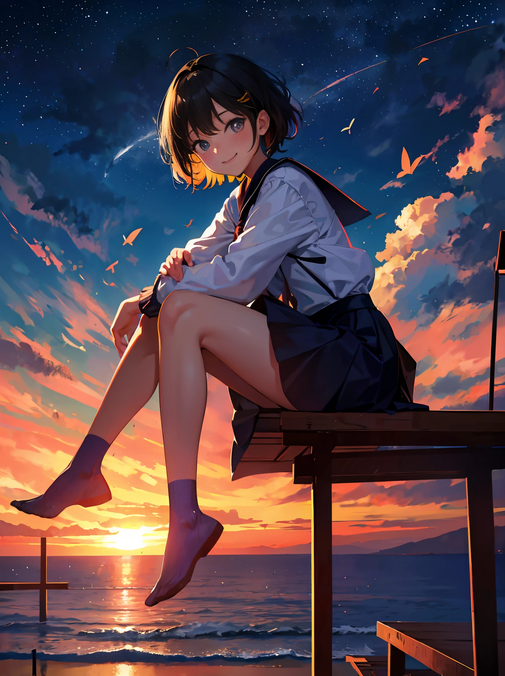 , blows wind,Fluttering hair，gust of wind， Colorful, , ​masterpiece, Sit up, side from, A smile, lighthouse, starrysky,short hair,Japanese