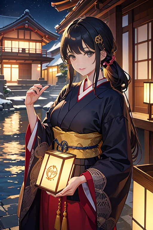 (a beautiful scene,a girl in a garden),anime movie background,Madhouse Studio art style,inspired by KyoAni,Kyoto Animation style,inspired by Kanabou,detailed eyes,long eyelashes,detailed lips,vibrant colors,ultra-detailed artwork,professional masterpiece:1.2,high-res (4K,8K),realistic lighting,traditional Japanese house at night,beautiful night view,Japanese traditional clock and logo,high-end hot spring,peaceful atmosphere,anime-style background art