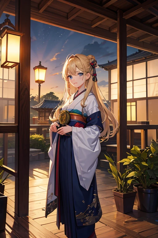 (a beautiful scene,a girl in a garden),anime movie background,Madhouse Studio art style,inspired by KyoAni,Kyoto Animation style,inspired by Kanabou,detailed eyes,long eyelashes,detailed lips,vibrant colors,ultra-detailed artwork,professional masterpiece:1.2,high-res (4K,8K),realistic lighting,traditional Japanese house at night,beautiful night view,Japanese traditional clock and logo,high-end hot spring,peaceful atmosphere,anime-style background art