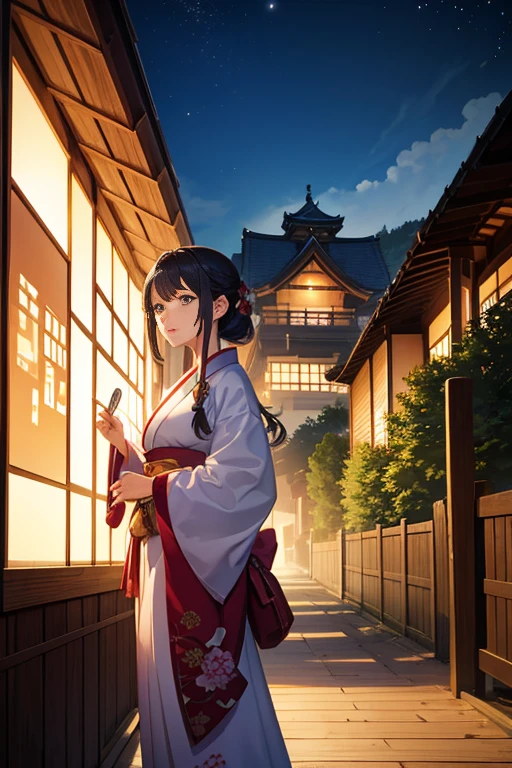 (a beautiful scene,a girl in a garden),anime movie background,Madhouse Studio art style,inspired by KyoAni,Kyoto Animation style,inspired by Kanabou,detailed eyes,long eyelashes,detailed lips,vibrant colors,ultra-detailed artwork,professional masterpiece:1.2,high-res (4K,8K),realistic lighting,traditional Japanese house at night,beautiful night view,Japanese traditional clock and logo,high-end hot spring,peaceful atmosphere,anime-style background art