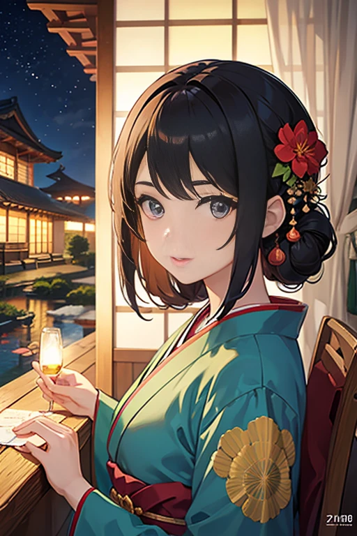 (a beautiful scene,a girl in a garden),anime movie background,Madhouse Studio art style,inspired by KyoAni,Kyoto Animation style,inspired by Kanabou,detailed eyes,long eyelashes,detailed lips,vibrant colors,ultra-detailed artwork,professional masterpiece:1.2,high-res (4K,8K),realistic lighting,traditional Japanese house at night,beautiful night view,Japanese traditional clock and logo,high-end hot spring,peaceful atmosphere,anime-style background art