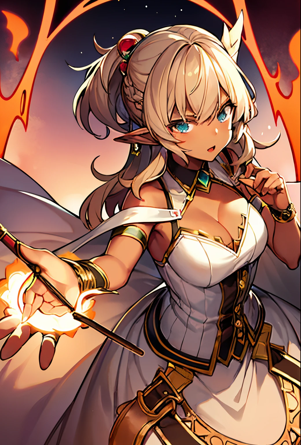 fire floats around her, Epic mage female character, Dark skin, stylized, Elder Scrolls video game series, woman, Afrocentric hairstyle, she is casting a spell, goddess of fire magic., beautiful and elegant female elf, Elf Princess, Elf Girl, beautiful elven princess, beautiful and elegant elf queen, portrait of an elf queen, A portrait of an elf, female elf, A portrait of an elf, Elf Princess, waifu, in dress, Zodiac Girl Knight Portrait, Anime visuals of a cute girl