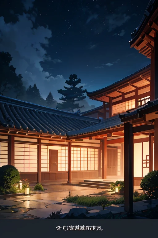 Night view of house with courtyard and garden, night village background, jpn. Volumetriclighting, Shen Haicheng, anime movie backgrounds, anime backgrounds, in style of kyoto animation, Movie lights at night, movie night scene lighting, screenshot from the anime film, anime scene, Japanese city at night, kyoto animation still, Anime background art