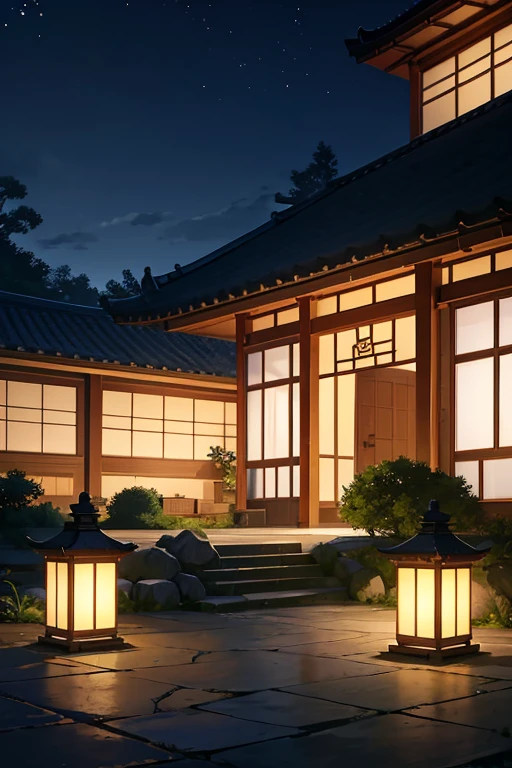 Night view of house with courtyard and garden, night village background, jpn. Volumetriclighting, Shen Haicheng, anime movie backgrounds, anime backgrounds, in style of kyoto animation, Movie lights at night, movie night scene lighting, screenshot from the anime film, anime scene, Japanese city at night, kyoto animation still, Anime background art