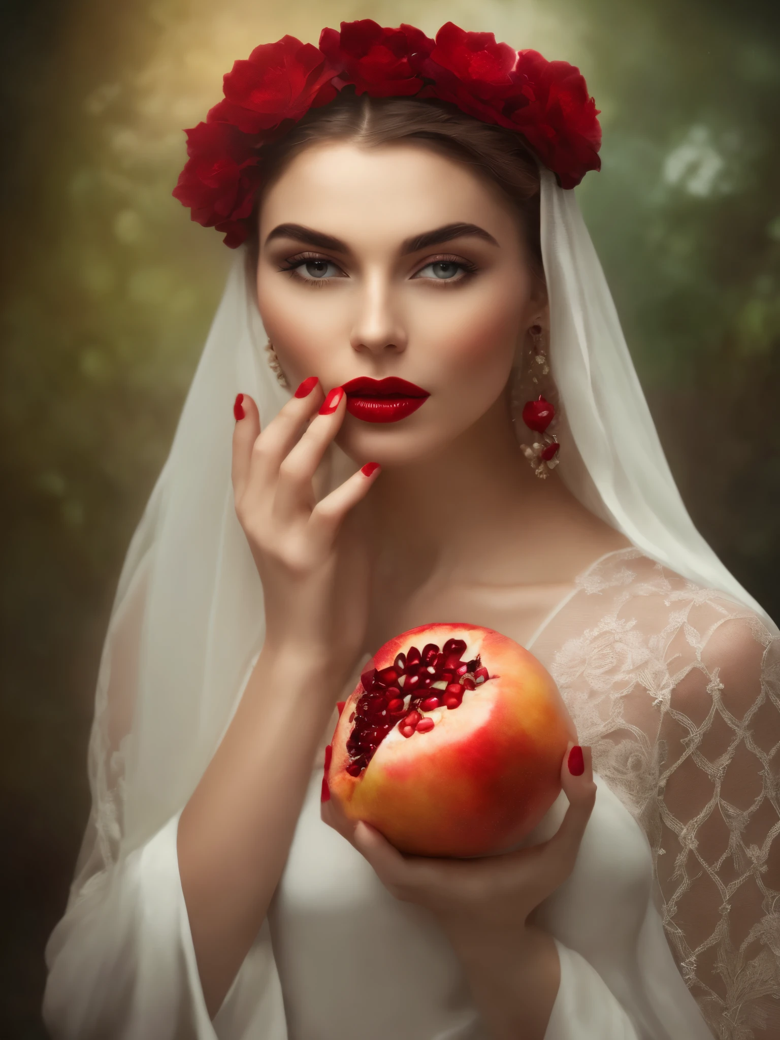 arafed woman in a white dress holding a pomegranate, beautiful portrait photo, portrait of snow white, fine art fashion photography, karol bak uhd, portrait shot, persephone, photo of a beautiful woman, beautiful jewish woman, beautiful portrait image, beautiful fantasy portrait, beautiful portrait, romanticism portrait, artstyle tom bagshaw, 4 k glamour photography