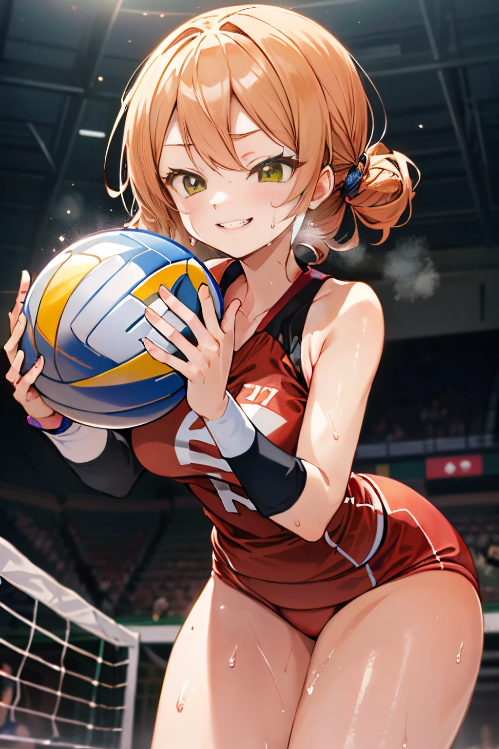 Unity 8k壁纸, Anatomically correct, (((masutepiece))), (((Best Quality))), (((ultra-detailliert))), (((hight resolution))), ((superfine illustration)), ((Ultimate cutie)), ((Detailed beautiful face)), ((Perfect hands)), ((Perfect Finger)), (((Good anatomy))), Solo, One girl, , (pot-bellied), (Curve), medium breasts, ((thick thighs)), Shiny hair, ((Evil smile)), (Smirk), (blush)), BREAK, Adida Urma))), (Sleeveless Volleyball Uniforms), head band, ((wristbands)), ((Kneepad REAK, ((Holding a beautiful spherical 6-inch volleyball in both hands)), (leaning-forward), ((Sweat)), (perspired), (Heavy breathing), Sense of depth, in gymnasium, Lighting, (Looking down), Cowboy Shot