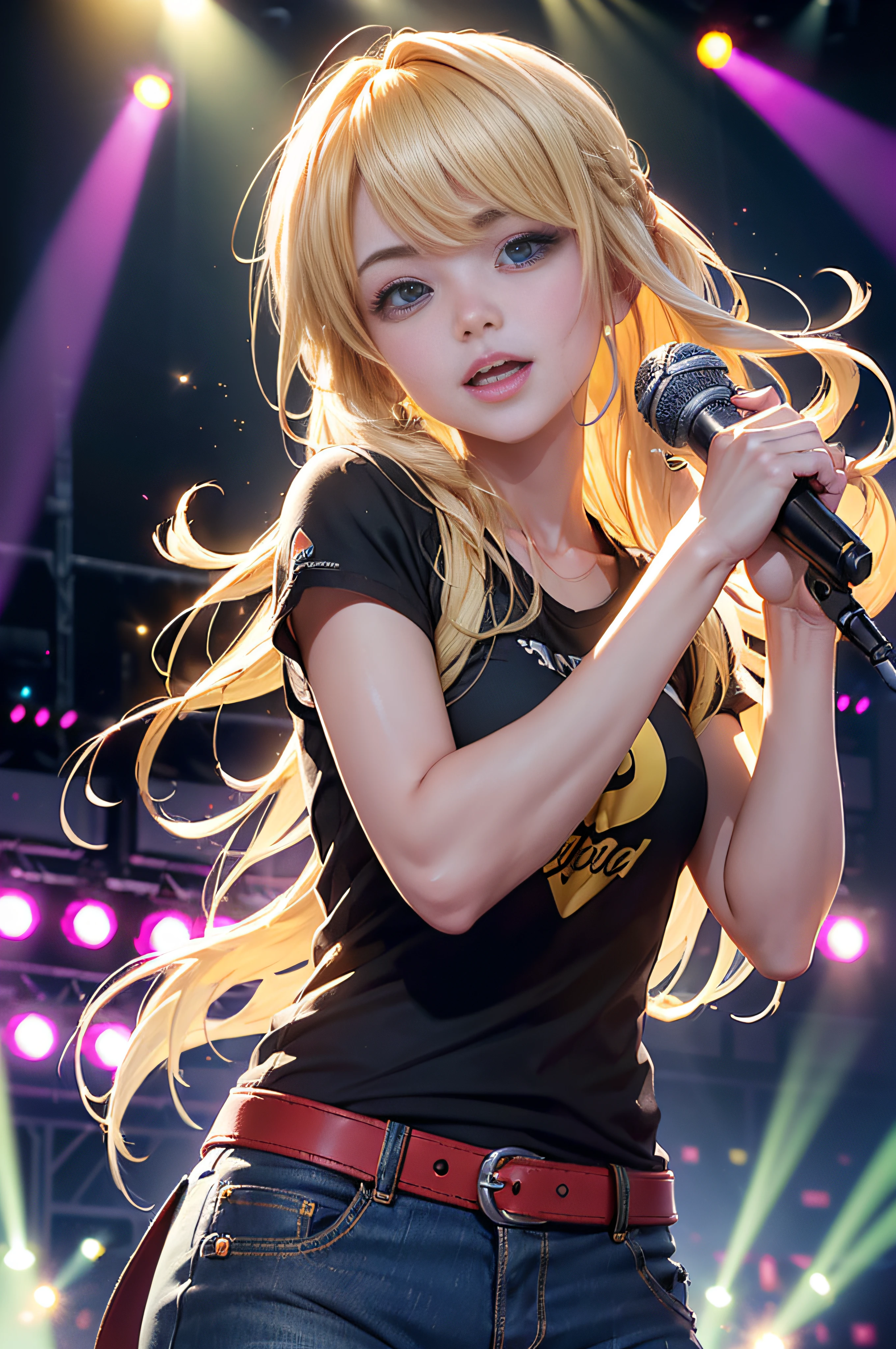 Photo of 18-year-old Olivia Newton-John in a white and yellow miniskirt with headphones、Clutching the microphone, bare your belly button、Post-singer-style realistic photos、disheveled blonde hair、Blue eyes、3d rendered、Cinematic yellow and black light、brilliance、16k resolution、