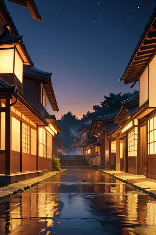 (best quality,4k,8k,highres,masterpiece:1.2),ultra-detailed,(realistic,photorealistic,photo-realistic:1.37),house with courtyard and garden at night, night village background, Japan, volumetric lighting, misty sea, anime movie backdrop, anime background, Kyoto Animation style, movie-like lighting for night scene, cinematic night scenery, screenshot from animated movie, anime scenery, night in a Japanese city, Kyoto Animation still shot, artistic anime background