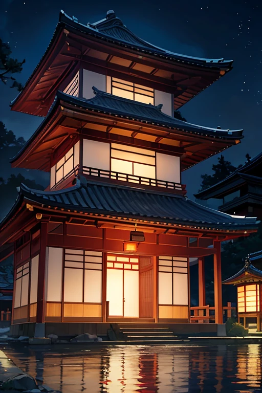 Night view of Japanese style house with courtyard and bench, Zen temple background, Starry sky environment in moonlight, japanese temples, Mysterious temple setting, Quiet and peaceful atmosphere, beastly, Inspired by Dongyang, Selangor, japan night, cyberpunk japanese temple, Inspired by Taketoshi Matsumura, The atmosphere at night is quiet and peaceful