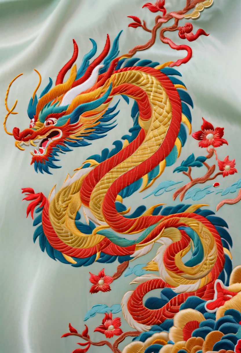 Draw an embroidery work，dragon embroidery，Chinese clothing design，Silk fabric，Symmetrical style