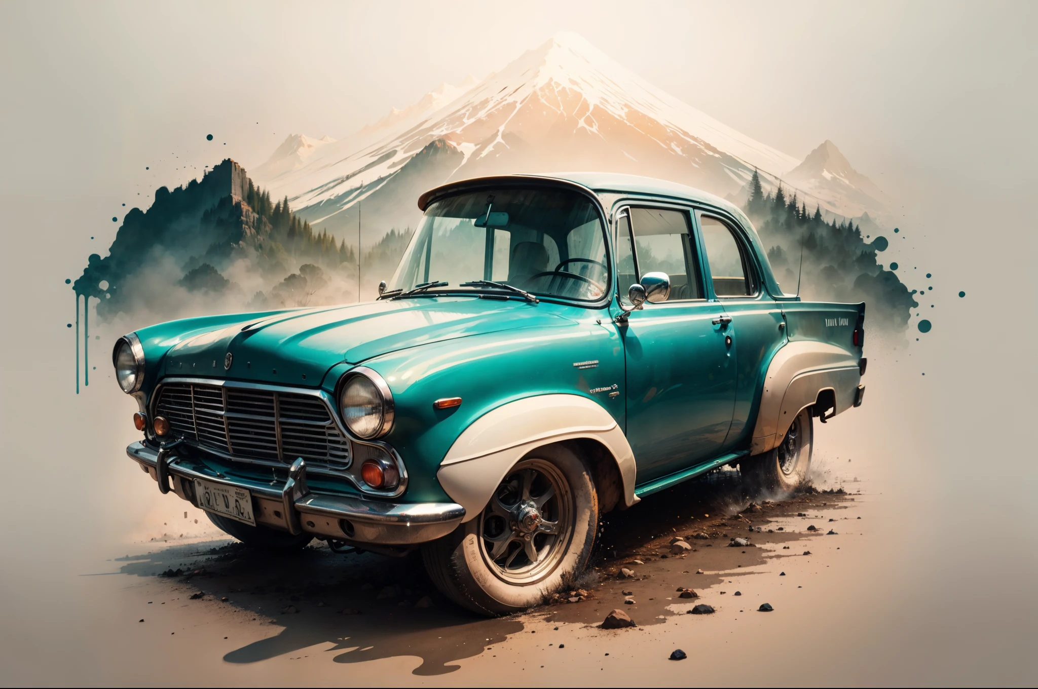 Obra maestra, hiper realista, raw, 8k, estilo futurista, detallado, Hi-Def, un primer plano de un coche blanco con ruedas enormes sobre un fondo negro, pintado digitalmente,arte digital!!, coche de rally, cuerpo ancho, fondo de noche con lluvia y nieve