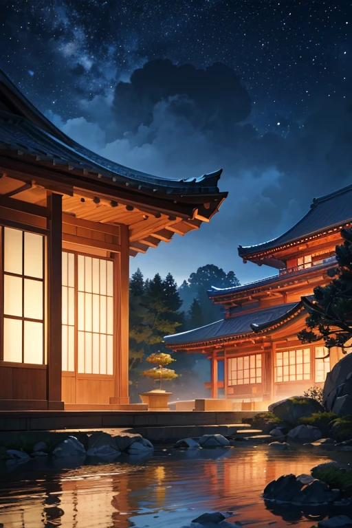 (best quality,4k,8k,highres,masterpiece:1.2), ultra-detailed, (realistic,photorealistic,photo-realistic:1.37), Japanese house with courtyard and bench, Zen temple backdrop, starry sky environment under moonlight, Japanese temple, mysterious temple setting, serene and peaceful atmosphere, animals, inspired by Toyoda, Selangor, Japanese night, cyberpunk Japanese temple, inspired by Matsumura Takeshi, calm and tranquil atmosphere at night