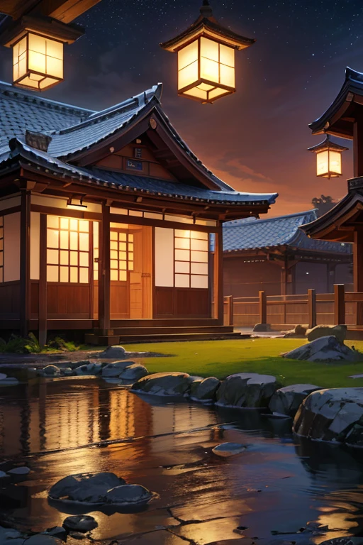 (best quality,4k,8k,highres,masterpiece:1.2), ultra-detailed, (realistic,photorealistic,photo-realistic:1.37), Japanese house with courtyard and bench, Zen temple backdrop, starry sky environment under moonlight, Japanese temple, mysterious temple setting, serene and peaceful atmosphere, animals, inspired by Toyoda, Selangor, Japanese night, cyberpunk Japanese temple, inspired by Matsumura Takeshi, calm and tranquil atmosphere at night