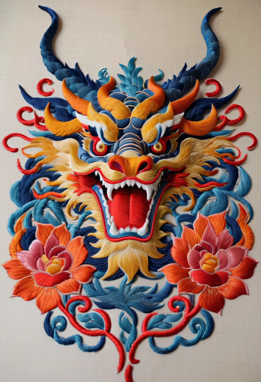 Draw an embroidery work，dragon head embroidery，Chinese clothing design，Silk fabric，Symmetrical style