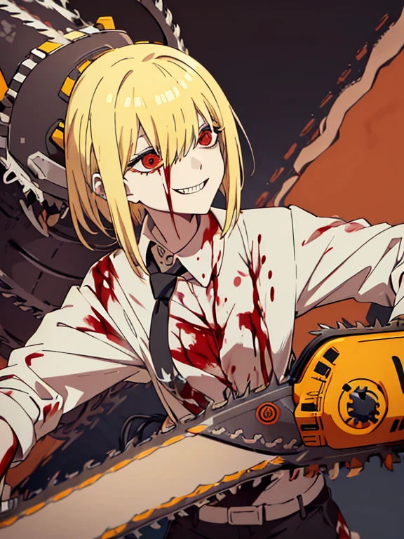 1girl,bob,yellow hair,white button-up shirt,black pants,(((((having a chainsaw))))),red eyes,grin,tongue out,tie,(((((blood))))),guro,devil hunter,high quality,sharp teeth,Gizatooth,1人,