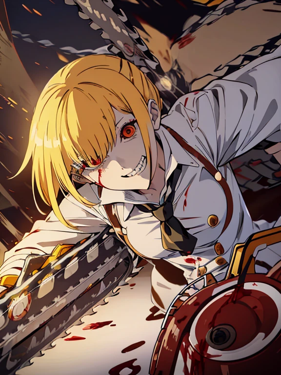 1girl,bob,yellow hair,white button-up shirt,black pants,(((((having a chainsaw))))),red eyes,grin,tongue out,tie,(((((blood))))),guro,devil hunter,high quality,sharp teeth,Gizatooth,1人,