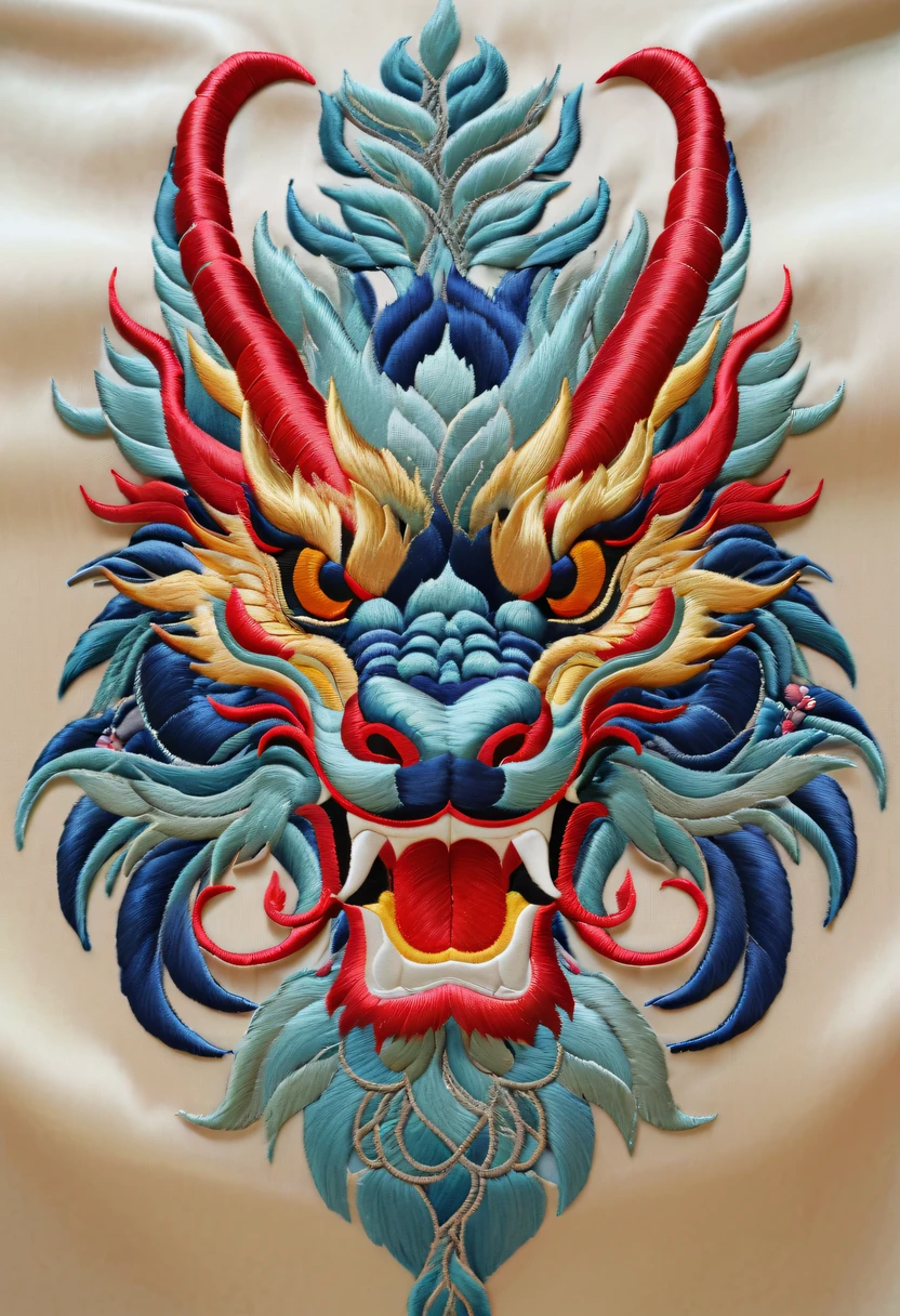 Draw an embroidery work,dragon head embroidery,Chinese clothing design,Silk fabric,Symmetrical style