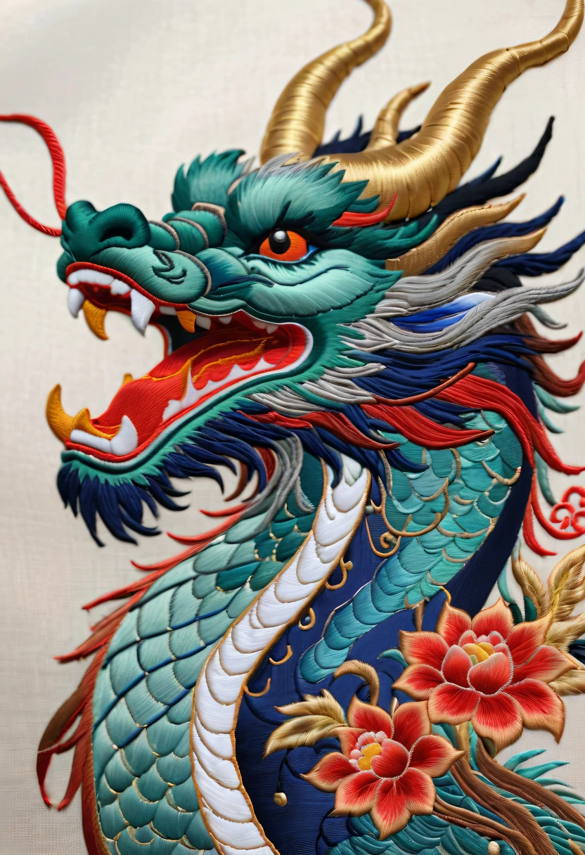 Draw an embroidery work,Dragon head close-up embroidery,Chinese clothing design,Silk fabric,RHAD