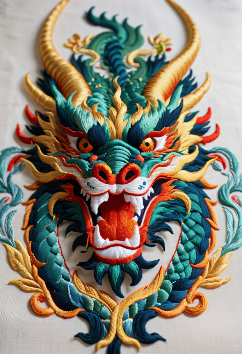 Draw an embroidery work，Dragon head close-up embroidery，Chinese clothing design，Silk fabric，RHAD