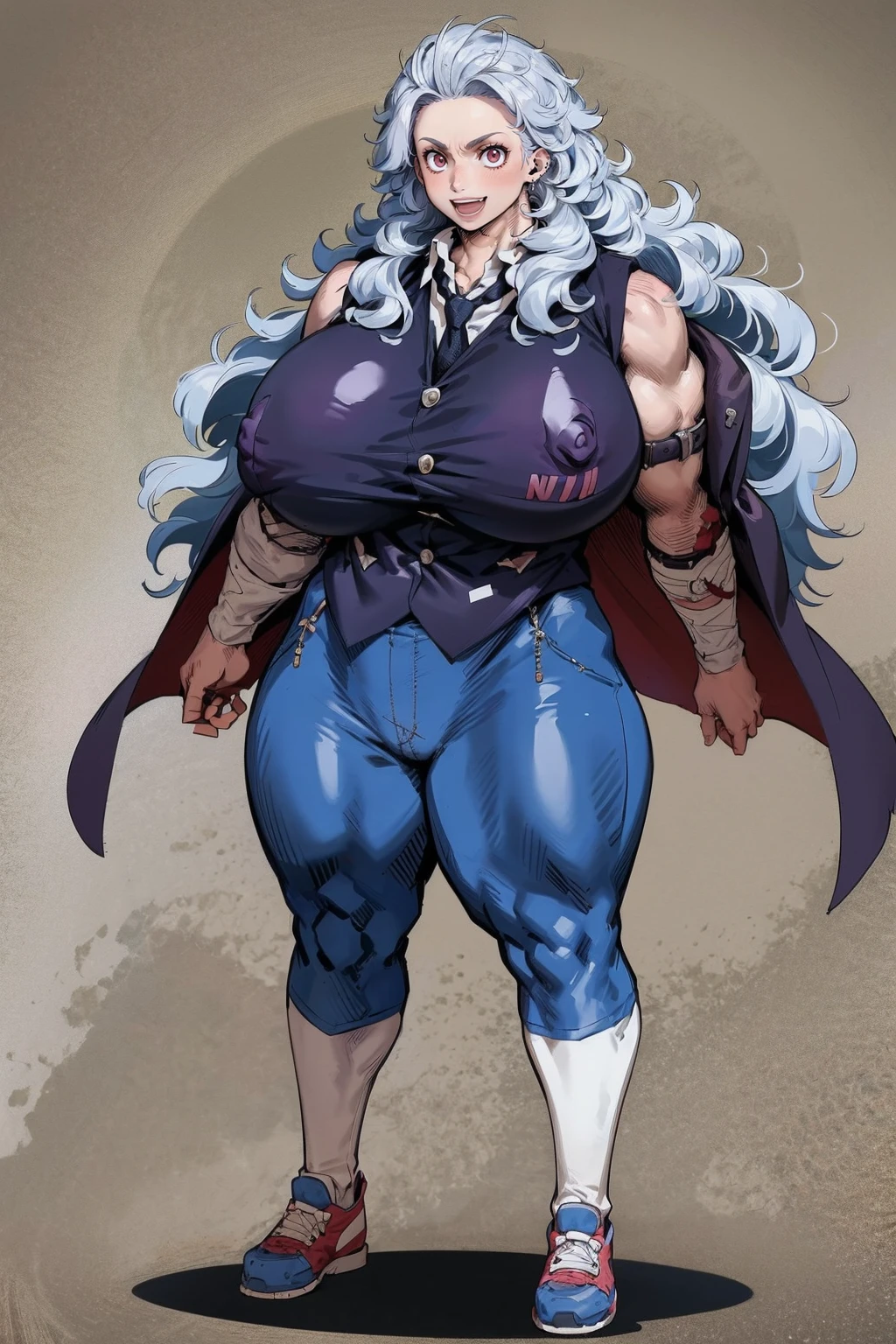 noi, nun, ,white boots, pants,cloak, musclegirl, standing,, smile, long hair, catedral, vest, portrait, full body, thick thighs, thick arms, wide hips,pants, large breast, huge breast,