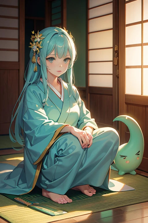 (best quality,4k,highres,masterpiece:1.2),ultra-detailed,(realistic,photorealistic,photo-realistic:1.37),beautiful detailed eyes,beautiful detailed lips,extremely detailed eyes and face,long eyelashes,1girl,A woman standing on a mat in a room with an anime scene,Geike Mieri,anime girl squatting,in a dojo,relaxed style,reincarnated as a slime,anime scene,animated still frame,TV anime still shot,anime movie screenshot,Ren Ikaruga,Kyoto Animation style,illustration,anime drawing,3D rendering,natural lighting,vibrant colors,soft shadows,traditional Japanese interior design,sliding doors,wooden floor,tatami mat,potted plants,shoji screen,golden evening sunlight,peaceful atmosphere.