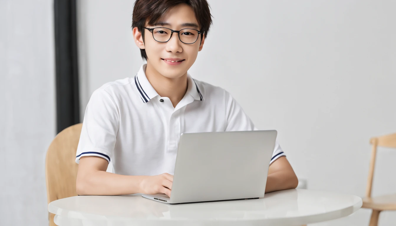 (RAW photo:1), (masterpiece:1, best quality:1), (8k photo), (photon mapping:1), (photorealistic:1.8), (upper body:1), (ultradetailed eye:1), (1 Japanese school boy:1),(high school student:1), (using a laptop PC:1), (simple white background:1.4), (simple white background:1.4), (simple white background:1.4), (simple white background:1.4), (sitting), (simple school uniform:1),(18 years old), (looking at viewer:1), (round face:1),(tareme:0.2), (bokeh), (side view), (light smile:1), (no background),