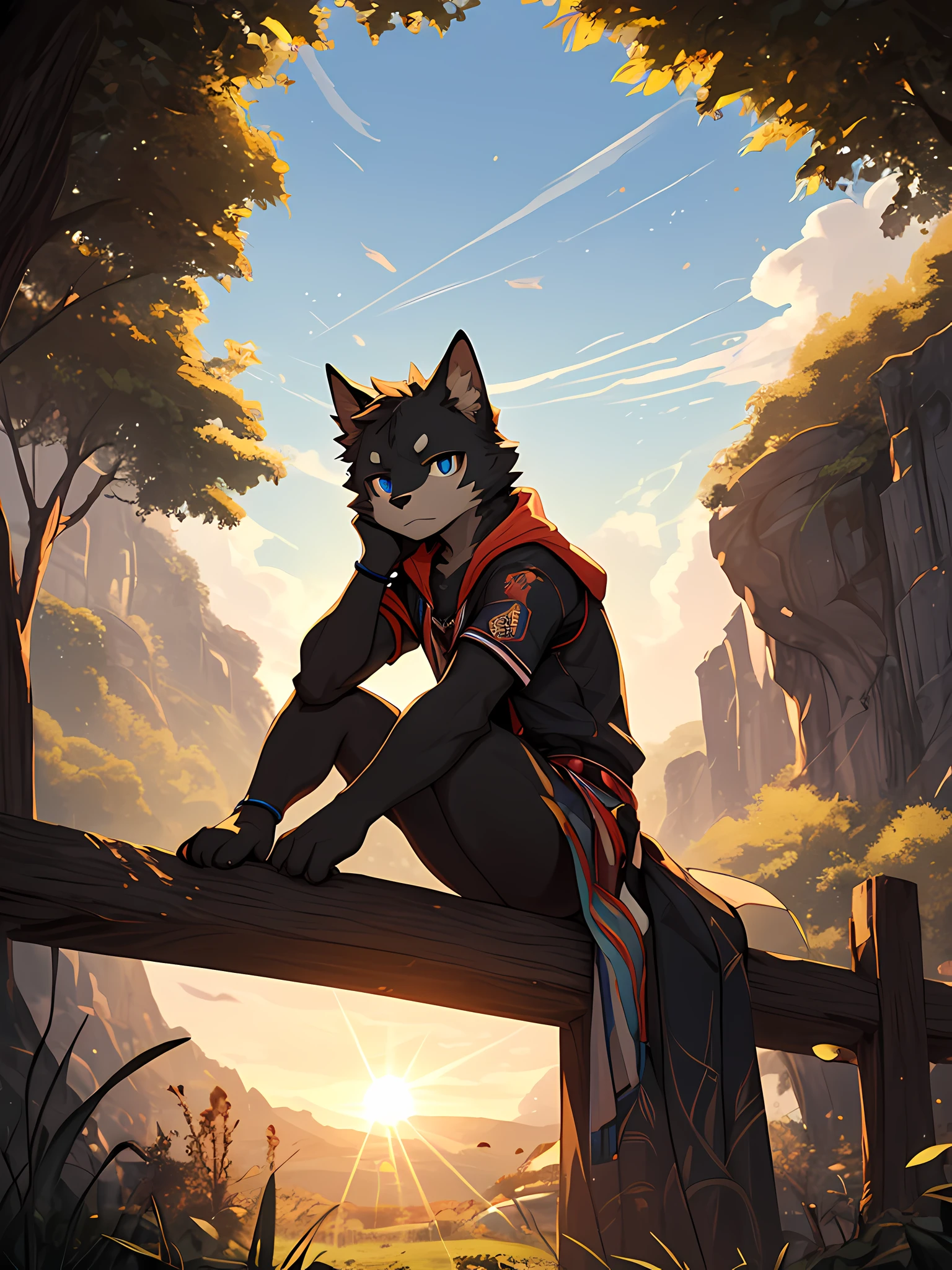 furry,bara,Shota,black fur cat,Blue Eyes,straight-looking at viewer,Sitting under a tree,The sun is about to set..,depressed, unhappy expression,(((Maximum image resolution,HDR lights ,10)))