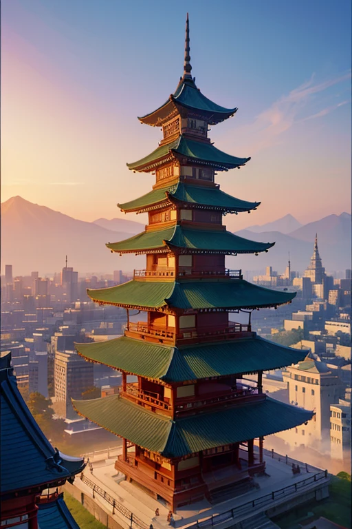 There is a photo of a building,There is a clock on it, a temple background, Zen temple background, japanese temples, anime backgrounds, japanese temples, background depicting a temple, Anime background art, Colorful anime movie background, Anime landscapes, beautiful anime scenes, Anime beautiful peaceful scene, anime movie backgrounds, beautiful anime scenery, ancient japanese architecture, Colorful Fox City