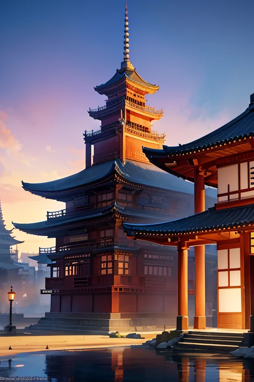 There is a photo of a building，There is a clock on it, a temple background, Zen temple background, japanese temples, anime backgrounds, japanese temples, background depicting a temple, Anime background art, Colorful anime movie background, Anime landscapes, beautiful anime scenes, Anime beautiful peaceful scene, anime movie backgrounds, beautiful anime scenery, ancient japanese architecture, Colorful Fox City