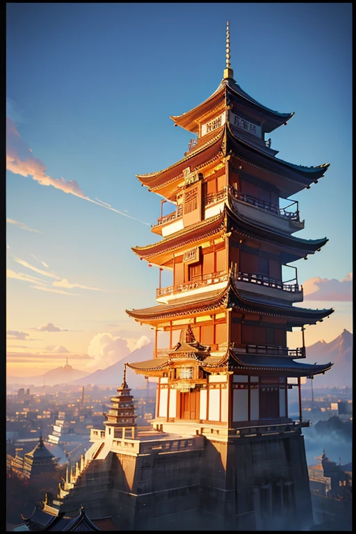There is a photo of a building,There is a clock on it, a temple background, Zen temple background, japanese temples, anime backgrounds, japanese temples, background depicting a temple, Anime background art, Colorful anime movie background, Anime landscapes, beautiful anime scenes, Anime beautiful peaceful scene, anime movie backgrounds, beautiful anime scenery, ancient japanese architecture, Colorful Fox City