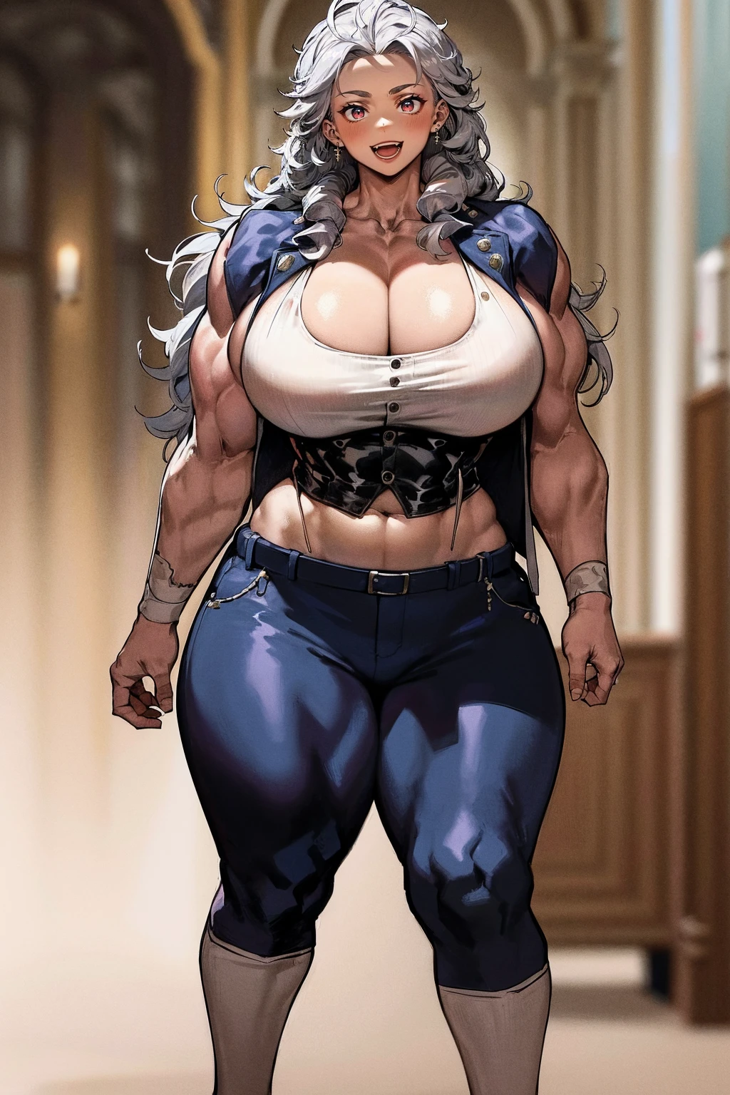 (best quality,4k,8k,highres,masterpiece:1.2),ultra-detailed, ,portrait, nun, musclegirl, smiling, long hair, white boots, pants, cloak, standing, catedral in the background, vest, full body view, thick thighs, thick arms, wide hips, large breasts, huge breasts, vivid colors, sharp focus, physically-based rendering