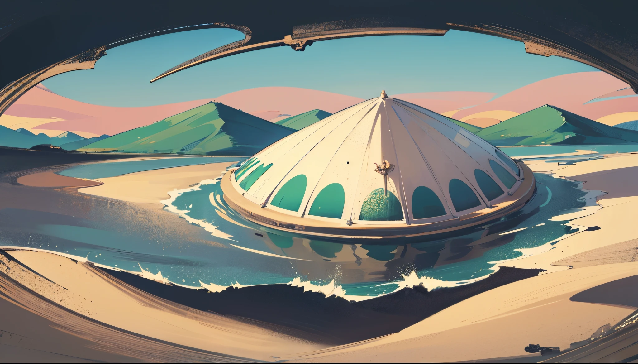 National Tide Illustration，dunhuang，hand-painted，In the middle of the desert there is a lake like a crescent moon, and next to the lake are palace-like buildings. --auto --s2